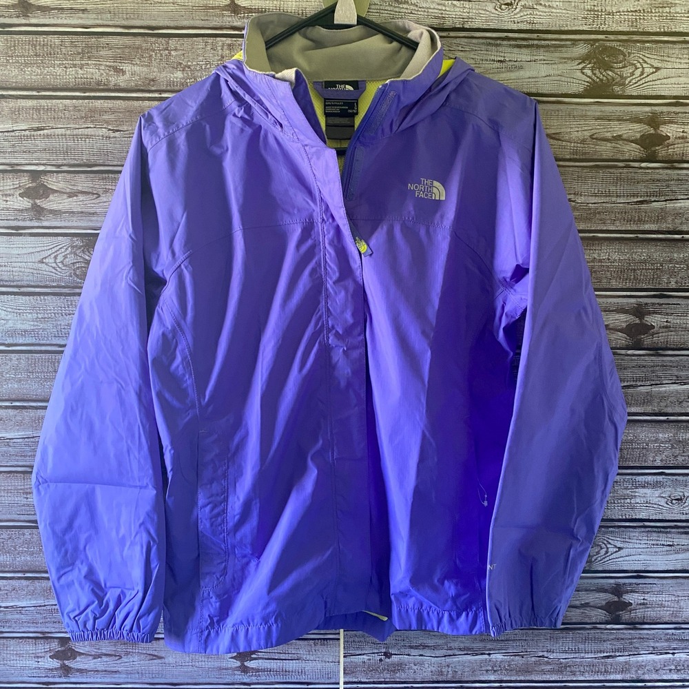 The North Face Girls Full-Zip Hyvent Raincoat Size L Purple Logo Pockets Hooded